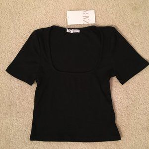 ZARA Black Ribbed Square Neck Top